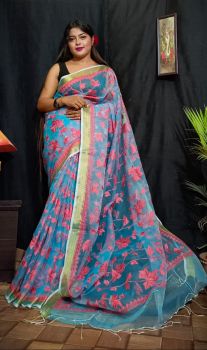 Sky Blue Leaf Embroidery Resham Saree From Bengal