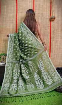 Mehandi Green Pure Handlooms Cotton Saree From Bengal