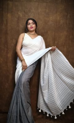 White Gray Pure Handloom Cotton Saree From Bengal