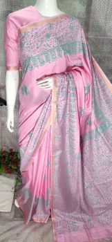 Baby Pink Katan Silk Hand Block Print Saree From Bihar