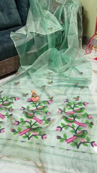 Light Green Pure Handloom Dhakai Jamdani Resham Saree From Bengal