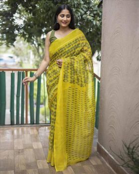 Mustard Yellow Ikkat Print Pure Linen Saree