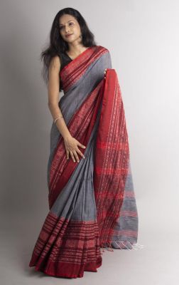 Gray Pure Handloom Cotton Saree From Bengal