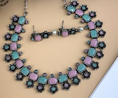 Silver Pure Oxidised Necklace With Multi Colour Stone Jewellery