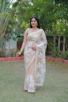 Cream Flower Design Embroidery Work Net Saree