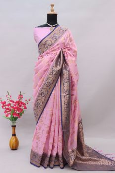 Baby Pink Blue Butta Zari Work Cotton Silk Saree