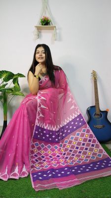 Pink Pure Handloom Dhakai Jamdani Saree From Bengal