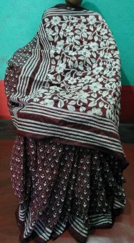 Brown kantha Art Silk Flower Design Saree From Bengal