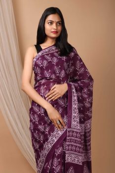 Dark Purple Hand Block Cotton Pure Handloom Leaf Design Saree