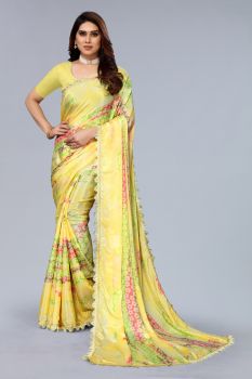 Yellow Turkey Silk Printed Saree With Lace & Satin Blouse