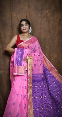 Pink Pure Handloom Dhakai Jamdani Saree From Bengal