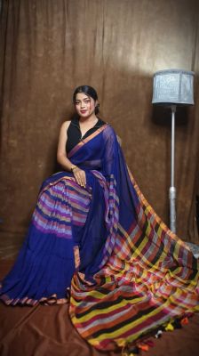 Royal Blue Pure Handloom Linen By Linen Saree From Bengal