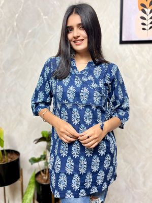 Indigo Blue Pure Handloom Printed Kurti From Bengal