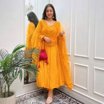 Yellow Georgette Crosek Embroidery Sequence Work Gown