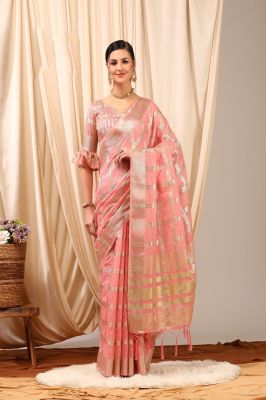 Rose Pink Pure Handloom Silk Cotton Saree From Gujarat