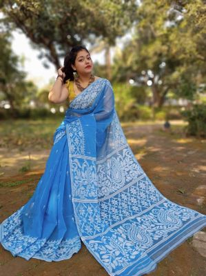 Sky Blue Pure Handloom Dhakai Jamdani Saree From Bengal