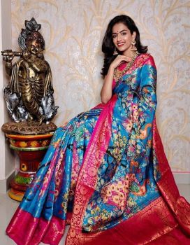 Pacific Blue Cotton Chanderi Silk Kalamkari Saree from Banaras