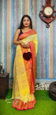 Yellow Pure Handloom Banswara Silk Saree From Bengal