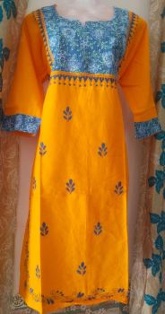Yellow Kantha Embroidery Design Kurti