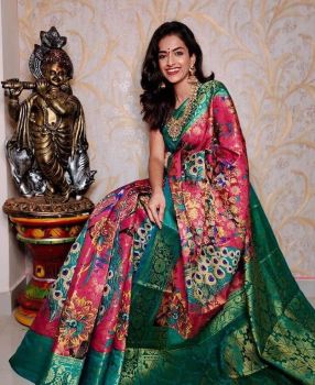 Brick Red Cotton Chanderi Silk Kalamkari Saree from Banaras