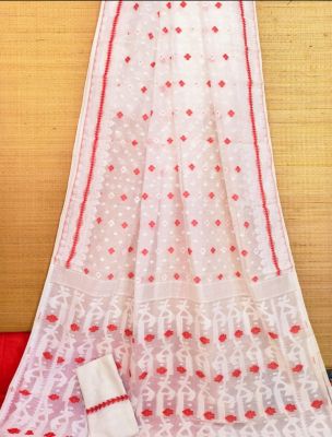 White Pure Handloom Dhakai Jamdani Saree From Bengal