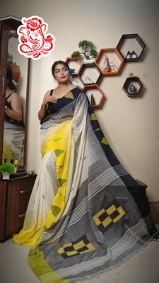 White Yellow Ikkat Cotton Saree From Bengal