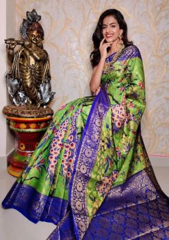 Olive Green Cotton Chanderi Silk Kalamkari Saree from Banaras