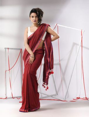 Maroon Pure Handloom Cotton Saree From Bengal