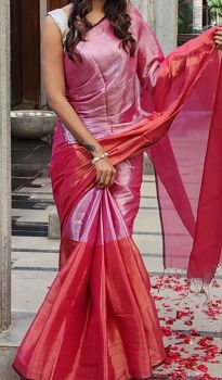 Faded Brown Brown RedPure Handloom Tissue Saree From Bengal