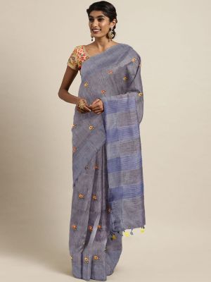 Gray Linen By Linen Saree From Bhagalpur