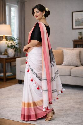 White Pure Handloom Soft Cotton Saree From Bengal
