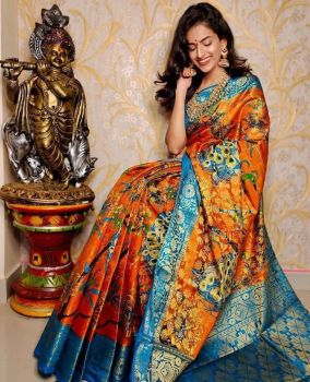 Orange Cotton Chanderi Silk Kalamkari Saree from Banaras
