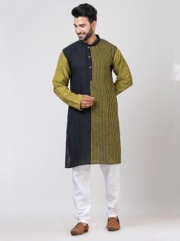 Olive Green Black Pure Handloom Khadi Cotton Kurta From Bengal