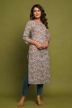 WHITE FLOWER PRINTED STRAIGHT COTTON KURTI