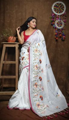 White Pure Handloom Silk Cotton Saree From Bengal