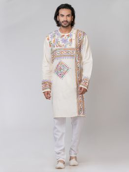 White Pure Handloom Katha Stitch Kurta From Bengal