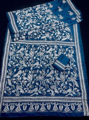 Navy Blue Handloom Kantha Stitch Saree From Bengal