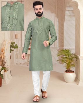 Men Greenish Grey Silk Kurta Mirror Work Original kurta