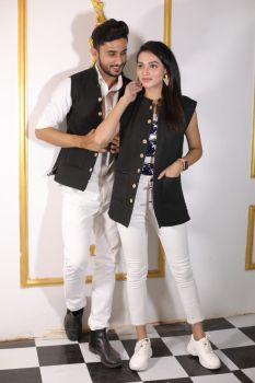 Black Pure Hand Block Printed Cotton Jacket Couple Set