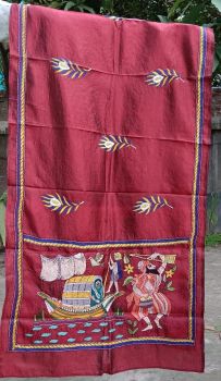 Dark Red colour Pure Silk Kathastitch Dupatta From Bengal
