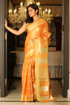 Bright Orange Handcrafted Tissue Linen Saree