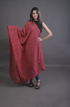 Red Pure Handloom Katha Stitch Dupatta From Bengal