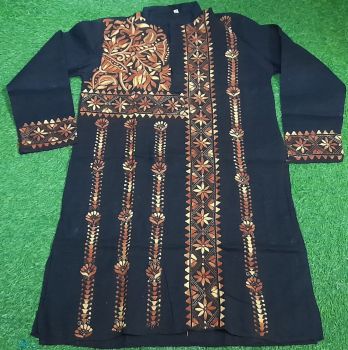Black Man Kantha Stitch Cotton Kurta