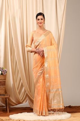 Peach Orange Pure Handloom Silk Cotton Saree From Gujarat