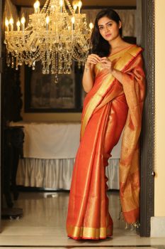 Rust Red Handcrafted Tissue Linen Saree