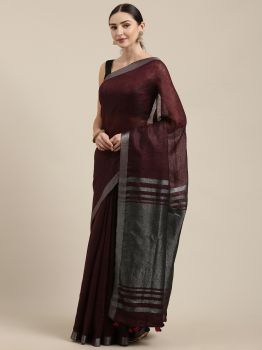 Red Wine & Silver Linen Saree