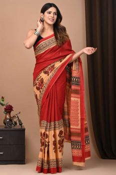 Brick Red Hand Block Cotton Pure Handloom Flower Design Saree