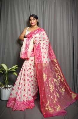 White Pure Handloom Dhakai Jamdani Saree From Bengal
