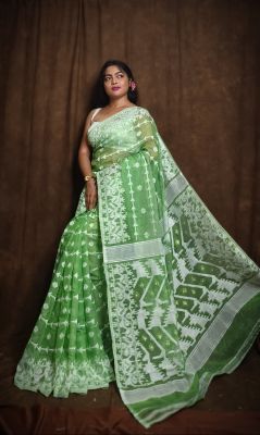 Aqua Green Pure Handloom Dhakai Jamdani Saree From Bengal