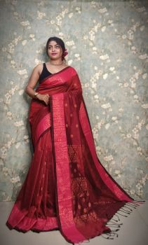 Brick Red Pure Handloom Banarasi Cotton Saree From Bengal